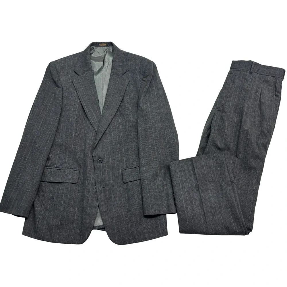 vtg 90s Charcoal Stripe 40R 34x30 2pc Pant Suit Pleated High Waisted Wool Mens